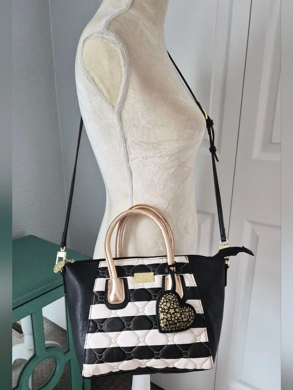 Luv Betsey Striped Quilted Heart Satchel Crossbody Bag Y2K Alt Indie E-Girl